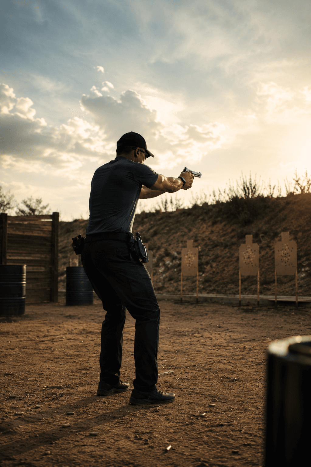 Atirador de costas numa pista ao ar livre, empunhando a pistola em direção aos alvos, ao entardecer.