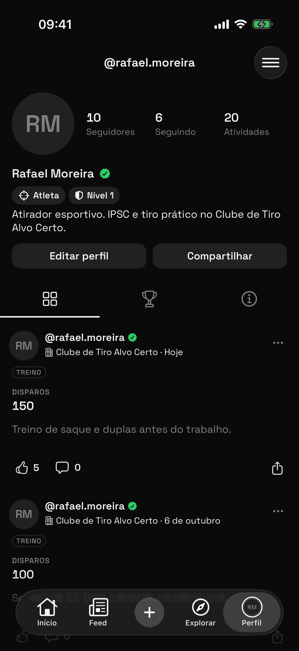 Perfil público de um atirador no CAC PRO, com seguidores, publicações e as que saíram com o selo do clube.